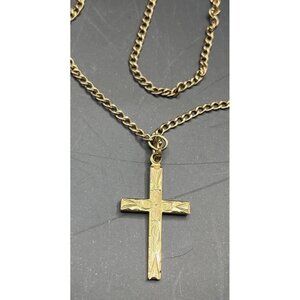 HFB Vintage Gold Filled Cross 18” Necklace 1/20 12K GF Carved Flower Design